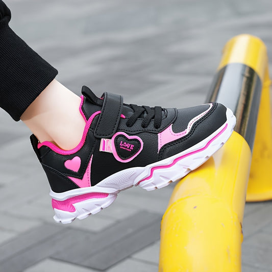 Stylish black and pink running shoes with glow-in-the-dark feature and hook-and-loop fastener, perfect for all seasons.