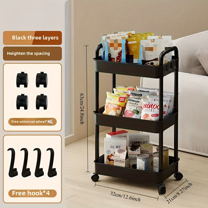 Durable plastic storage cart with multiple tiers for organizing kitchen, bathroom, and bedroom. Easy to assemble with baskets, bins, and containers for home organization.