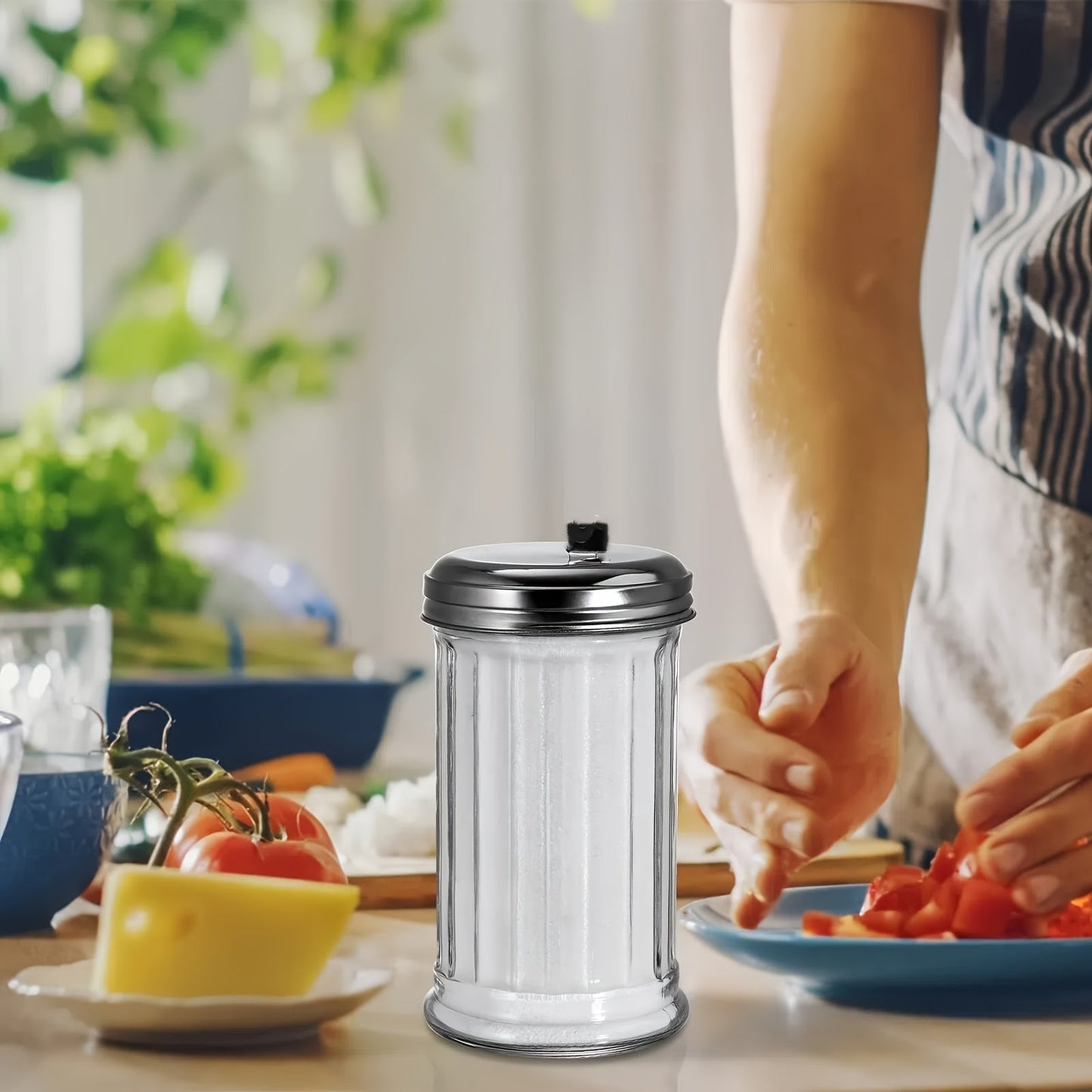 Glass sugar dispenser container with a lid, ideal for tabletop kitchen use. This sugar box set includes a coffee sugar jar, perfect for use in coffee bars. The glass jar with lid can also be used as a salt seasoning jar or sugar bottle pourer.