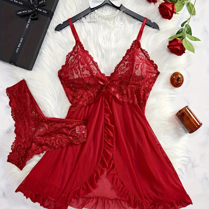 Sexy solid color nightgown with lace details, V-neck, open back, ruffled hem, and T-pants for comfortable sleepwear.