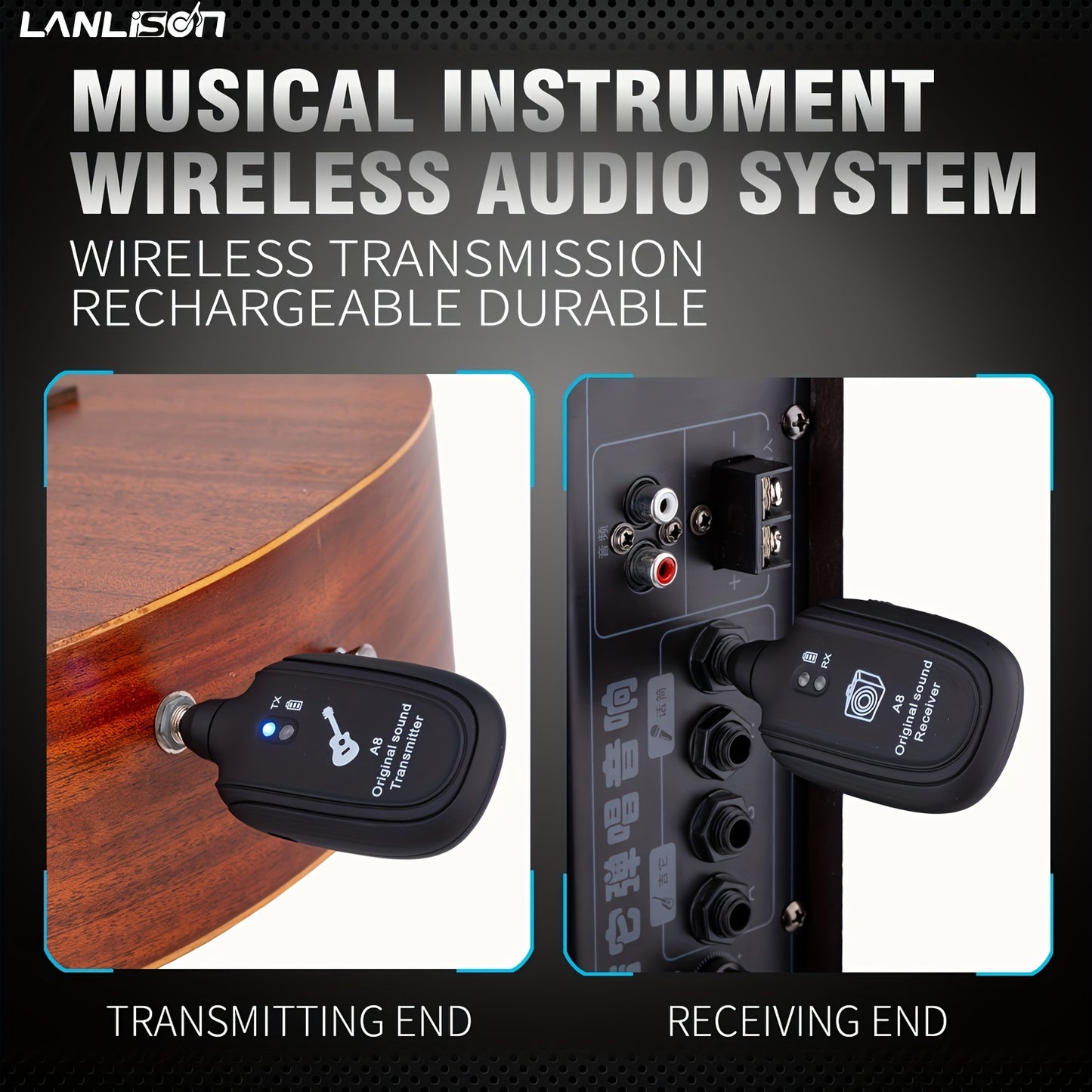 System for wirelessly transmitting audio for electric guitar, wind instruments, and electric bass pickups.