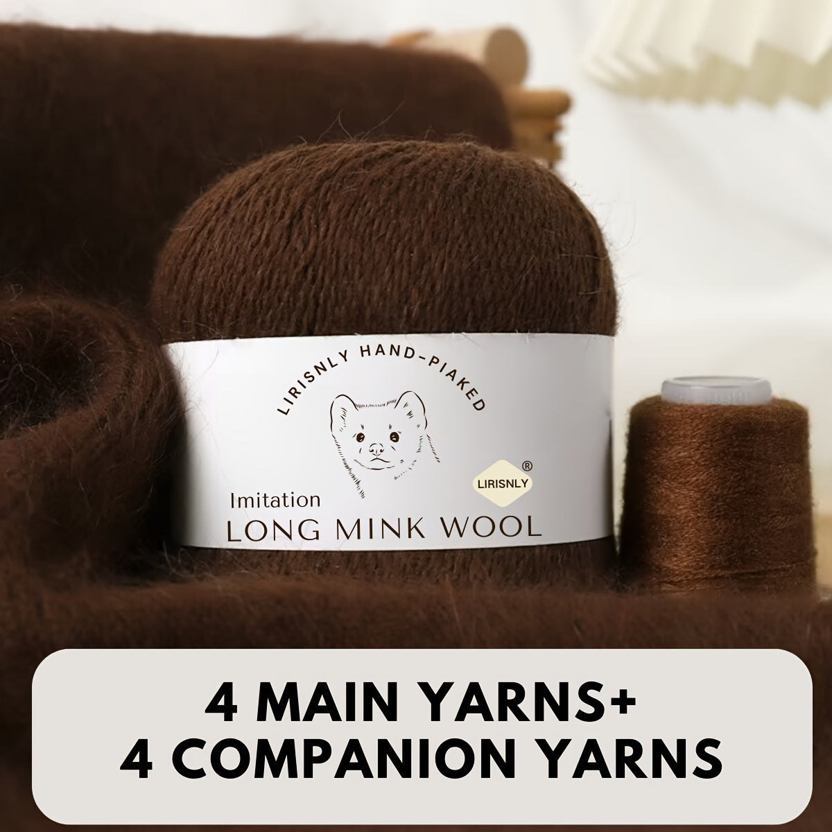 4pcs of faux mink wool and long wool totalling 280g, with 50g faux mink wool and 20g companion thread each. Skin-friendly and warm, suitable for knitting scarves, sweaters, hats, etc.