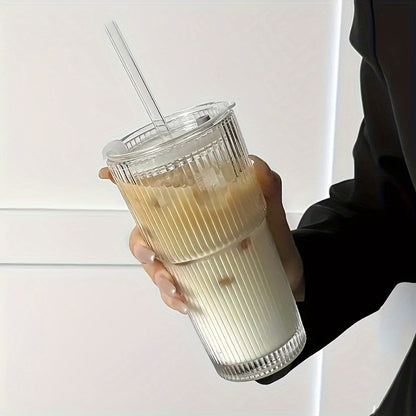 Striped glass tumbler with lid - insulated, hand-wash only - ideal for cold drinks - perfect for home, office, celebrations.