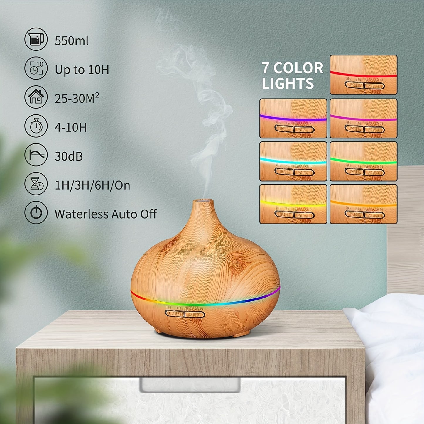 1pc USB charged 550ml wood color aroma diffuser with cool mist humidifier, 7 color LED light, waterless auto off feature, and super quiet operation. Great for home, office, or bedroom.