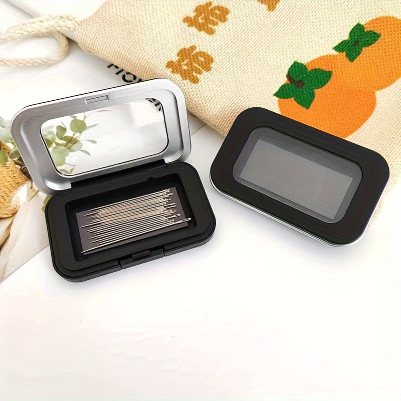 Black Magnetic Needle Box for cross stitch tools and accessories organization, frosted and ideal for needle collection and storage, perfect for embroidery and sweater stitching needs.