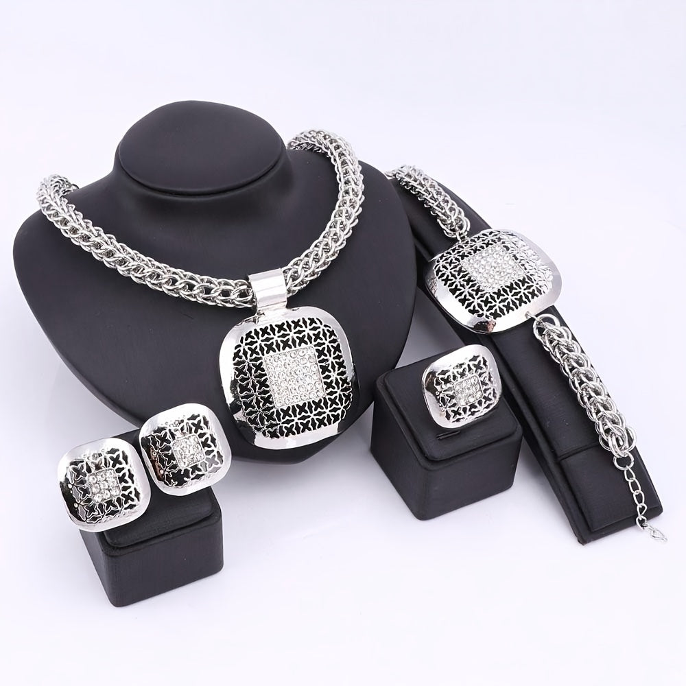 A stunning collection of jewelry inspired by the Middle East, featuring golden water diamond square pieces including a necklace, earrings, bracelet, and ring. Ideal for bridesmaids gifts at wedding parties.