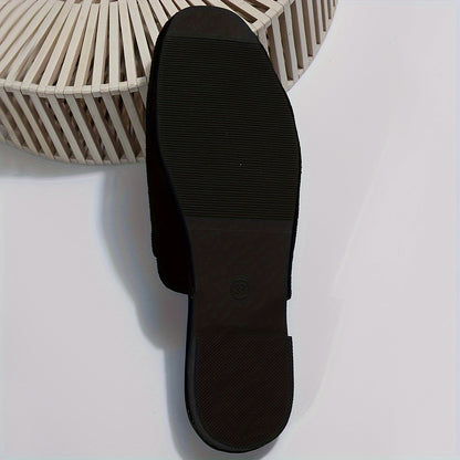 . 

"Black flannel slip-on flats with round toe, lightweight plastic sole, and man-made insole for all-season comfort