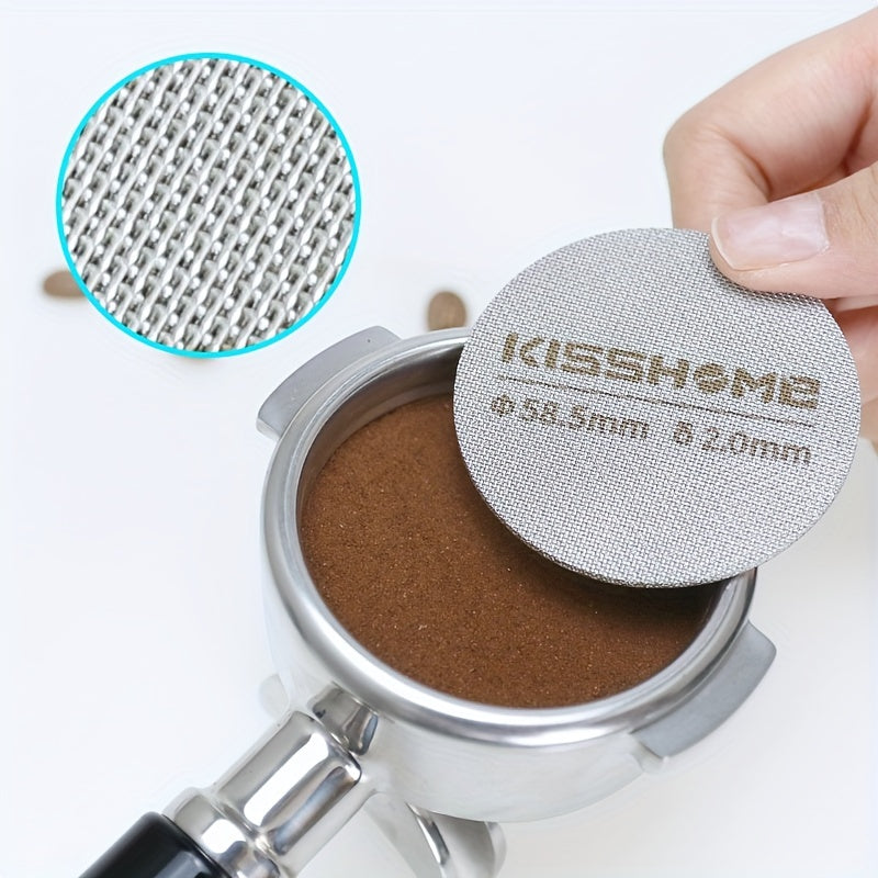 Reusable espresso puck screen made of 316 stainless steel, heat resistant, available in diameters of 51mm, 53.5mm, and 58.5mm. Compatible with Breville machines and 51mm, 54mm, and 58mm portafilters. Includes coffee accessories.