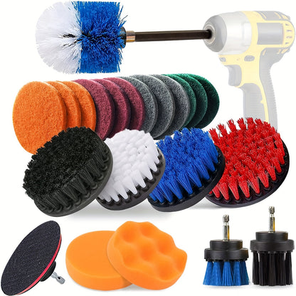 The 23-Piece Drill Brush Attachments Set includes a variety of power scrubber cleaning brushes and an extendable rod for efficient cleaning of grout, tiles, bathroom, kitchen, and car wheels. The medium firmness reusable plastic brush heads are