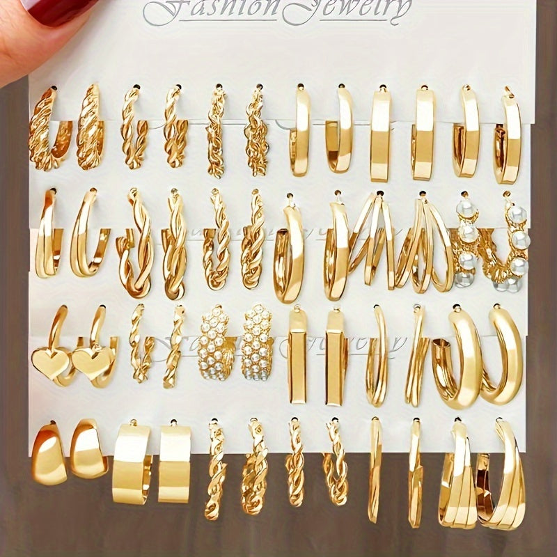 48-piece set of hoop earrings for women, featuring elegant geometric and heart designs embellished with faux pearl accents. Made with stainless steel posts, these earrings are perfect for casual attire and make great gifts.