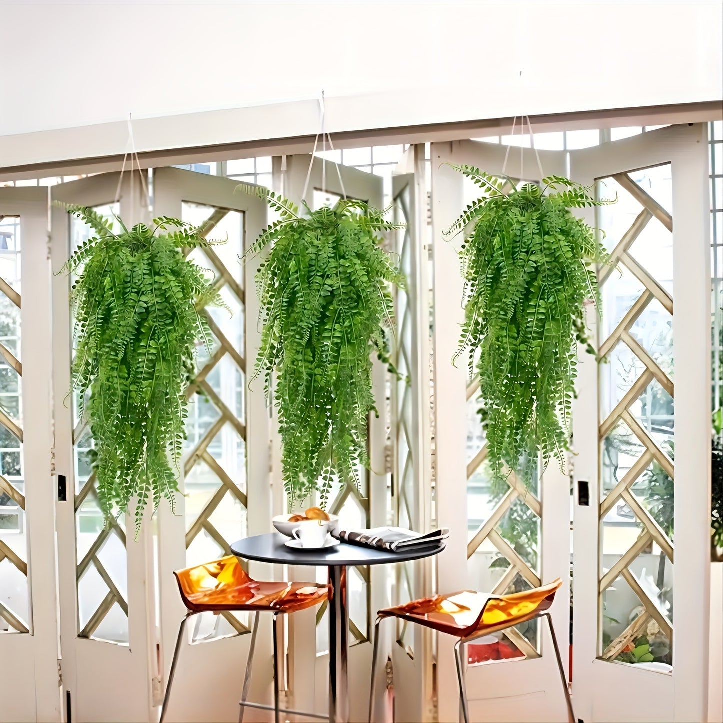 2pcs Premium artificial fern and rattan hanging plants with UV resistant plastic for outdoor and indoor decoration such as weddings, rooms, and gardens.