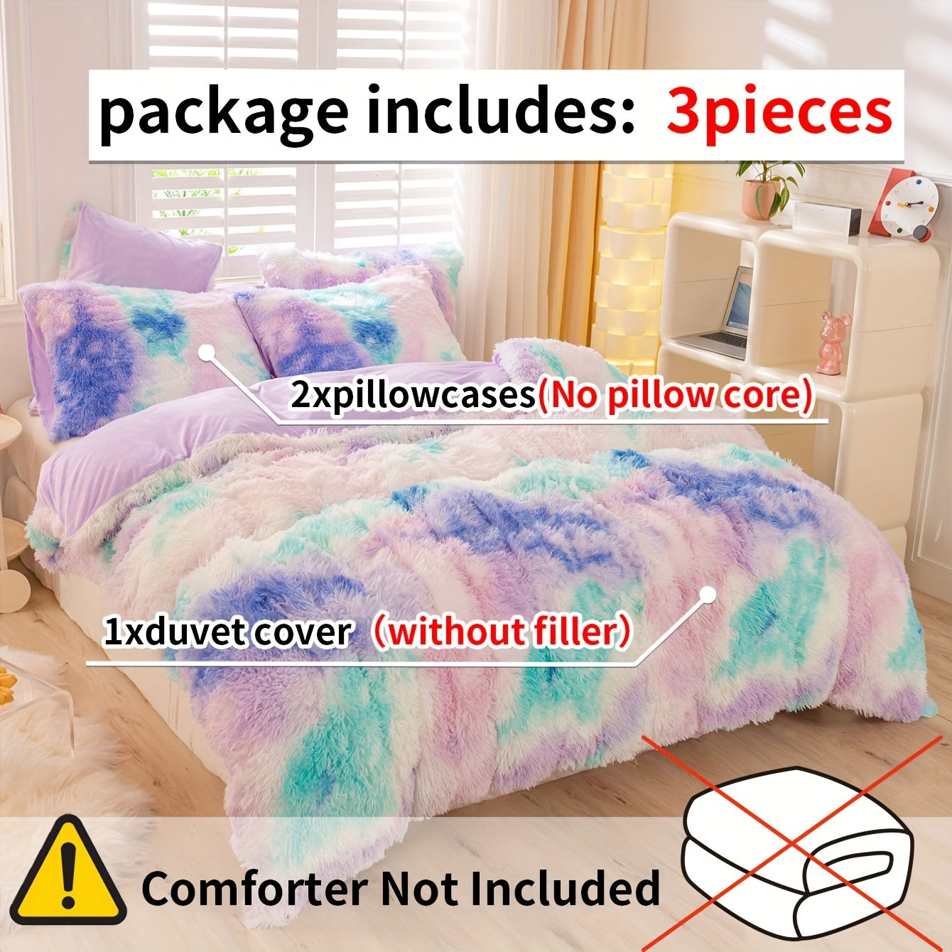 Y2K Tie Dye Plush Duvet Cover Set includes 3 pieces (1 Duvet Cover + 2 Pillowcases), providing soft and warm bedding.