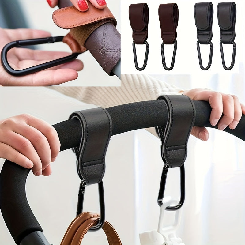 Set of 2 PU Faux Leather Stroller Hooks designed for Hanging Grocery Bags, offering versatility and convenience for stroller use.