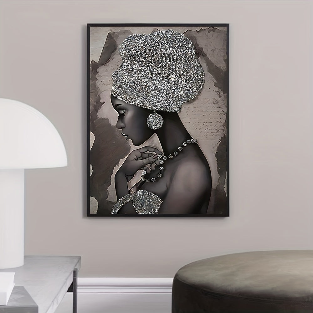 Abstract canvas painting featuring a silvery glitter embroidered African woman, ideal for home or office wall decor. Frame not included.