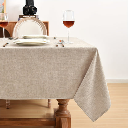 Beige waterproof polyester tablecloth for various occasions, including picnics, holidays, camping, weddings, birthdays, parties, and restaurant buffets, as well as for home kitchen and dining table decor.