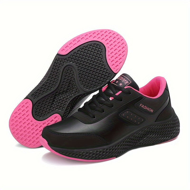 Stylish black running shoes with pink accents, lightweight and comfortable for all seasons. Durable EVA sole and cute design.