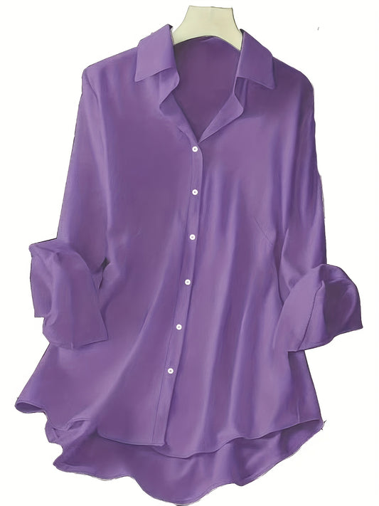 Women's Plus Size Elegant Button-Up Shirt in Solid Purple, Satin-Like Polyester Blend, Flowing Design, Machine Washable, Ideal for Casual Outings