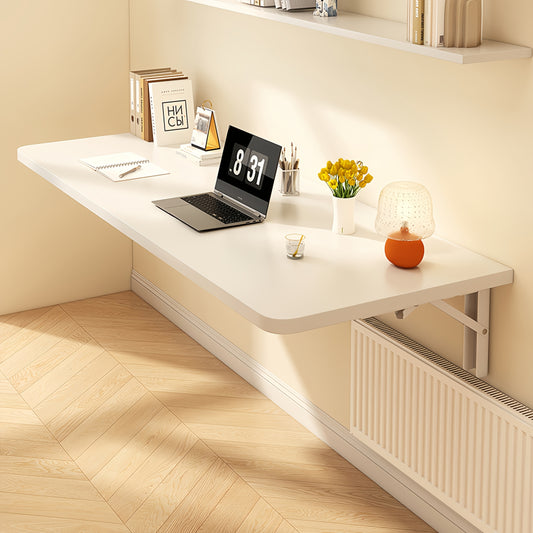 White wooden wall-mounted folding desk with adjustable computer monitor and laptop stand made of cork material, perfect for home and office organization in kitchens and dorms.