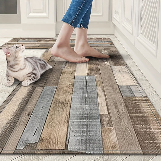 Anti-skid retro kitchen mat with wood grain pattern, absorbs water, reduces fatigue, and prevents stains. Ideal for various indoor spaces.