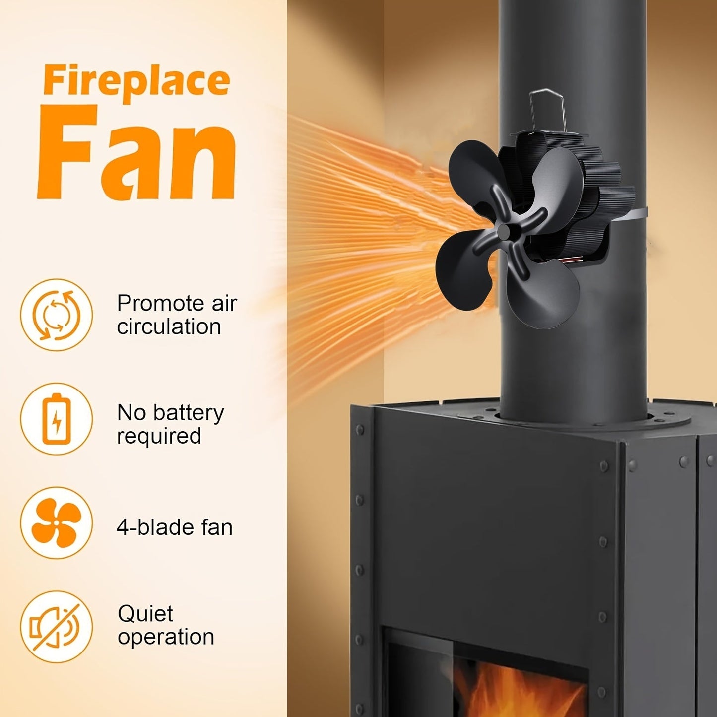 Efficient 4-Blade Wood-Burning Stove Fan: Wall-Mounted, Air-Circulating, No Electricity Needed