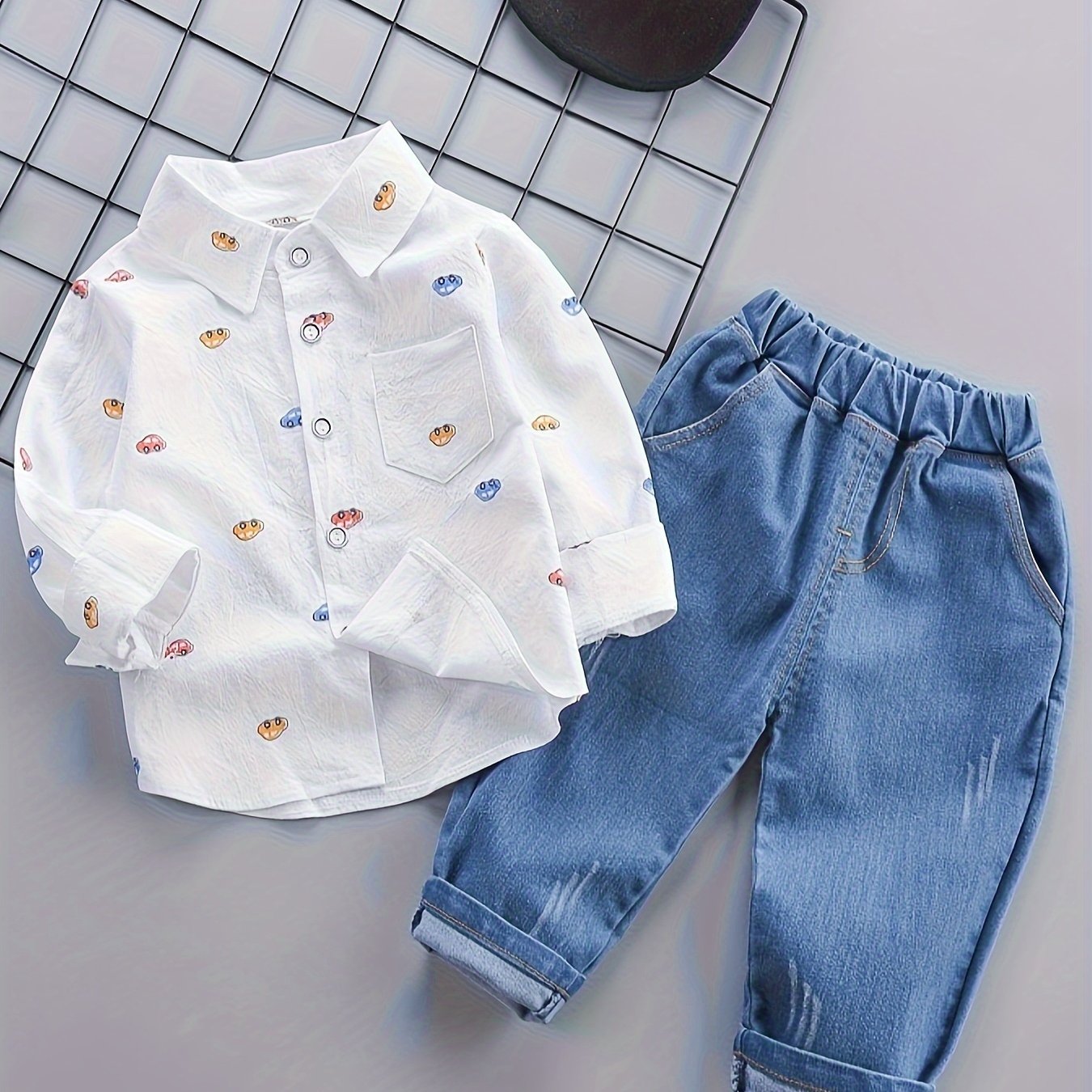 BABICOLOR Boys' Cotton Outfit Set includes a V-Neck car print shirt and regular fit jeans with slight stretch, perfect for outdoor activities in spring or fall.