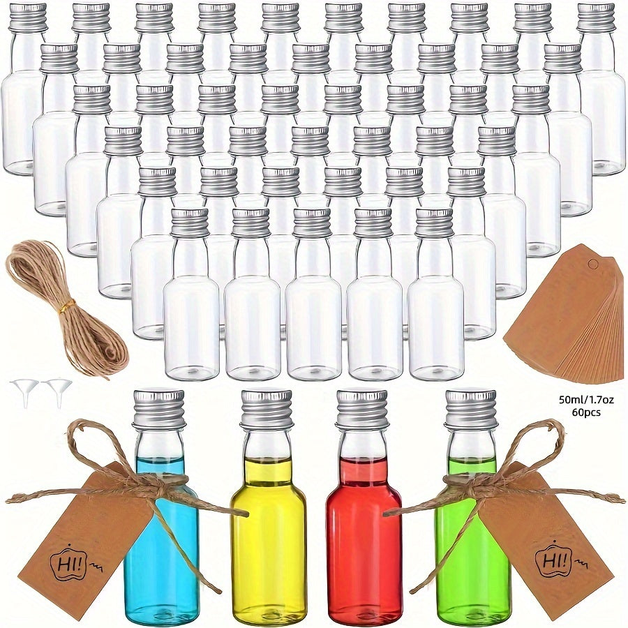 Pack of 60 Mini Plastic Liquor Bottles - Leakproof 25ml/50ml Empty Bottles with Caps for Alcohol, Sauce, Party Favors. Food-Grade and Safe for Contact with Food Items.