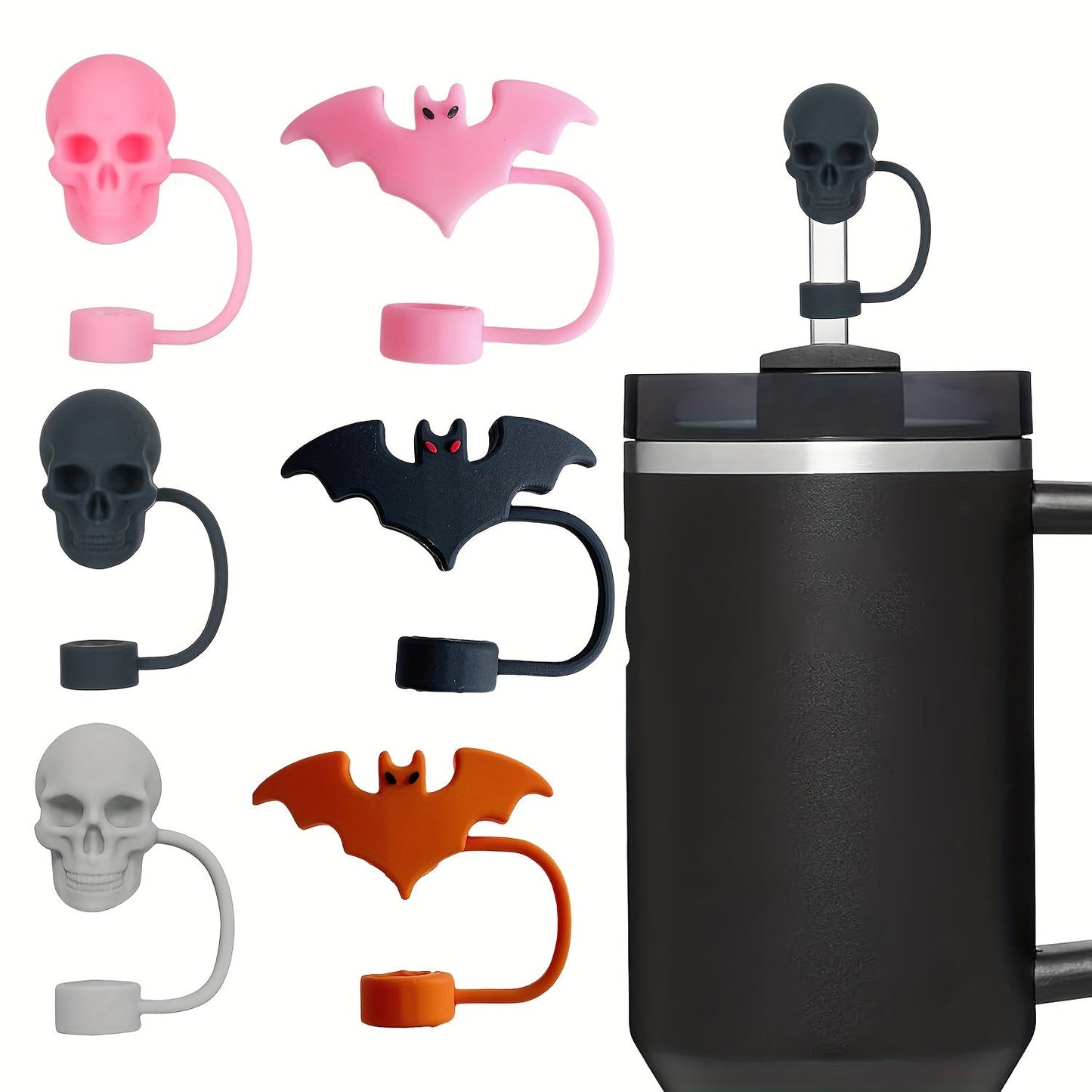 These adorable silicone skull-designed straw caps are designed for Stanley Cups and come in a set of 3/6. Each cap fits 10mm straw heads, is dustproof, and can be reused. They make perfect gifts for Halloween and Christmas.