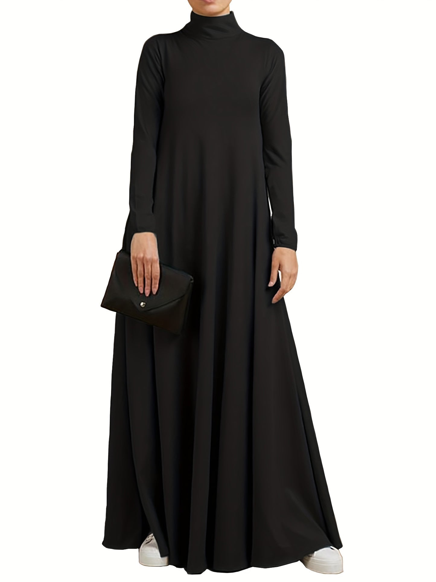 Ramadan Long Sleeve Kaftan Dress with Solid Color, Turtle Neck Maxi Length Casual Women's Clothing.