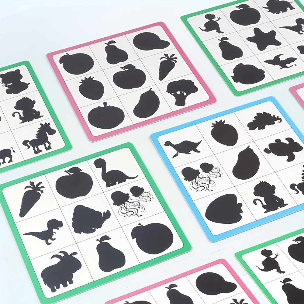 Wooden brain teaser puzzle for kids, helps with shape recognition and cognitive development through fun animal and fruit shadow matching game.