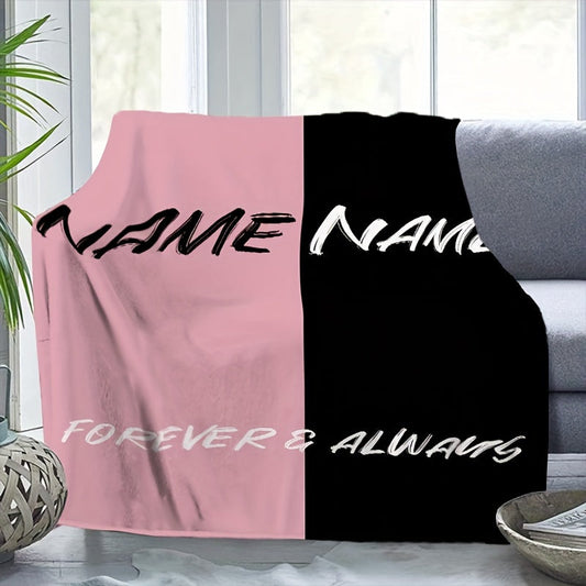 Soft flannel personalized couple's name blanket in pink and black, suitable for all seasons. The perfect gift for grandparents, parents, or twins, ideal for couch, bed, or office use.