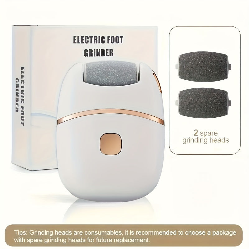 Rechargeable electric foot grinder with lithium battery, hypoallergenic plastic material, USB charging, portable tool for thick skin polishing.