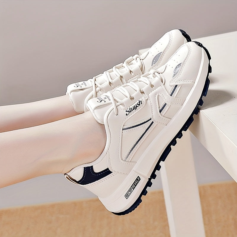 Women's Casual Athletic Sneakers in White with Black Accents - Lightweight, All-Season, Low-Top Lace-Up Shoes with Faux Leather & Mesh Interior, Comfortable PU Sole, Hand Washable