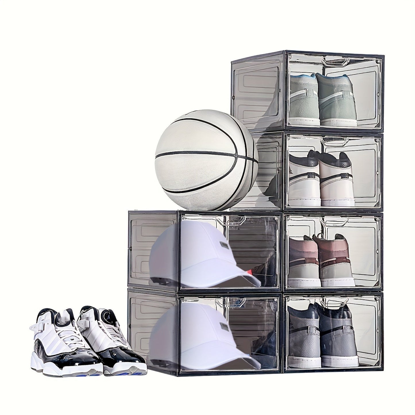 Folding Shoe Storage Box Set of 6 with Transparent Door, Durable Plastic Dustproof Containers for Shoes, Stackable Shoe Display Cases, Space-Saving Organizer for Bedroom, Bathroom, Office, Entryway, Hallway, Closet, Wardrobe, Home, Dormitory