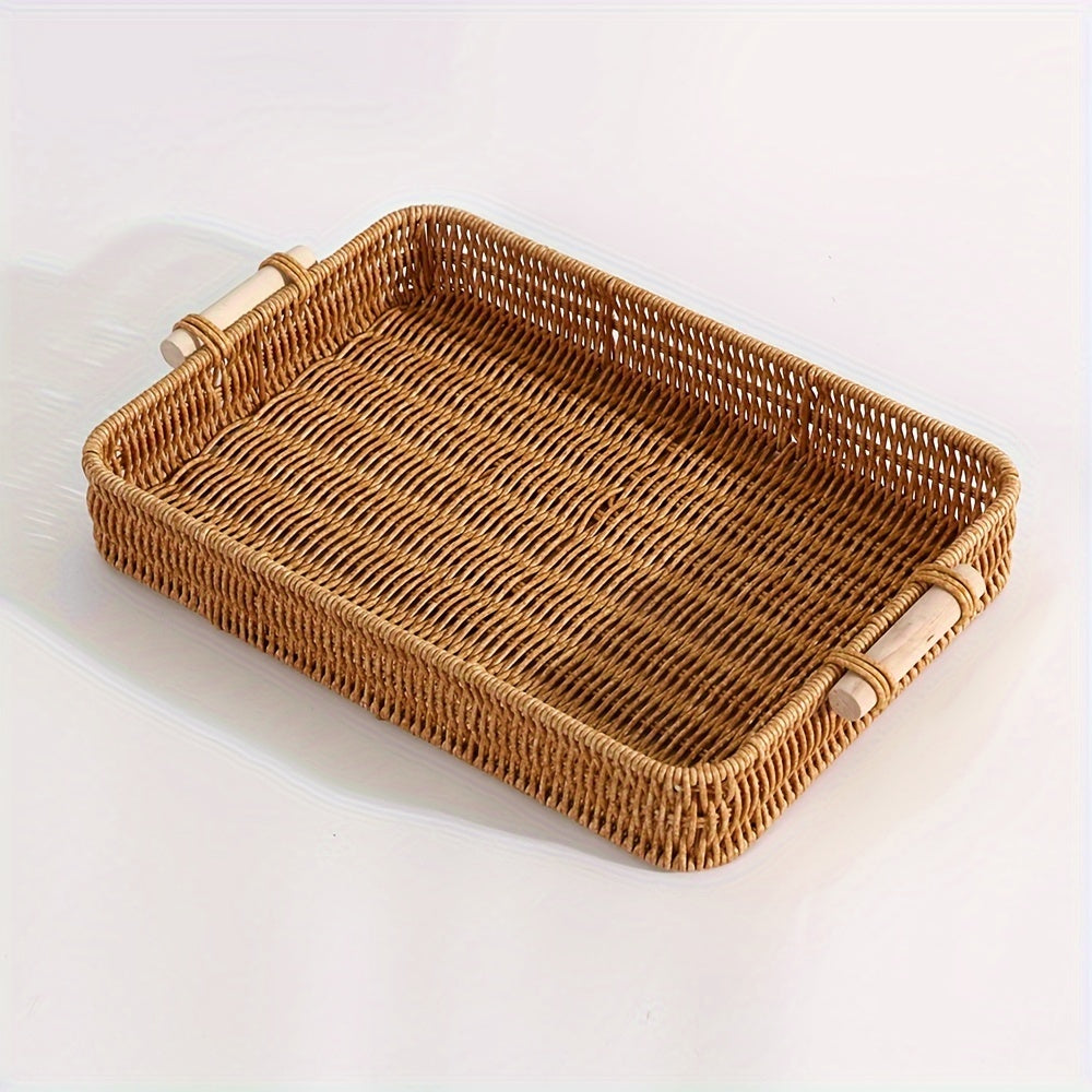 1 piece Woven Rattan Storage Basket with Wooden Handles, Modern Rectangular Tray, Stackable, for Various Uses in Home or Hotel.