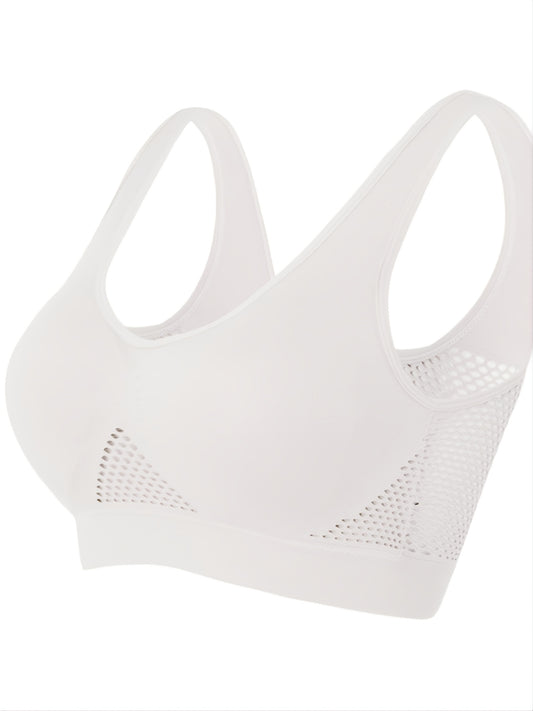 Stylish lavender sports bra for women featuring breathable mesh panels with V-neck design, wireless with removable pads. Made from nylon and spandex blend, suitable for yoga, running, and