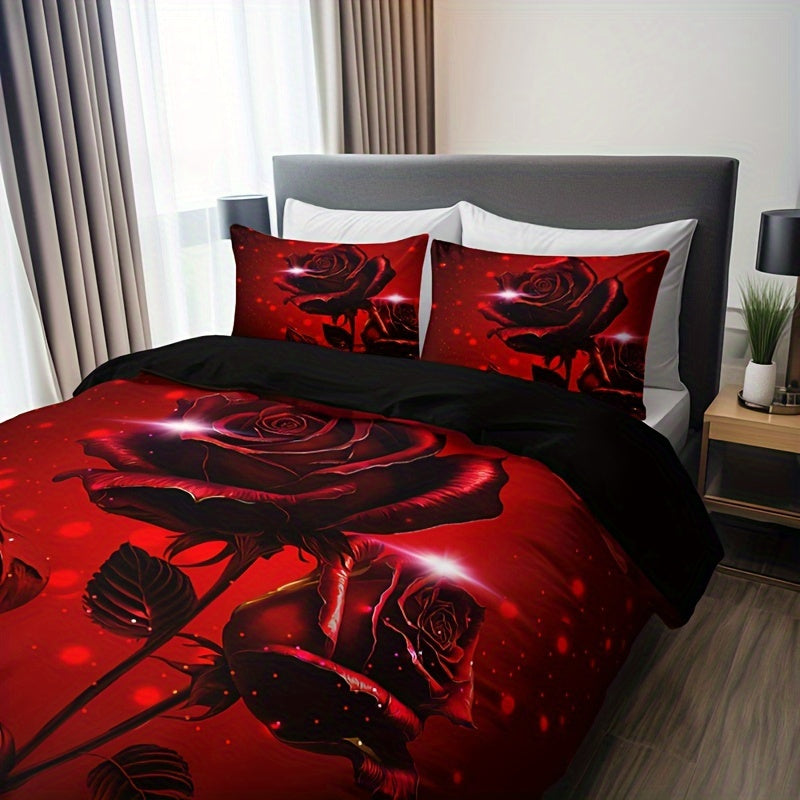 Red Rose Print Duvet Cover Set - Includes 1 Duvet Cover & 2 Pillowcases, Made from Breathable Polyester, Easy to Clean in the Washing Machine - Ideal for Use All Year Round