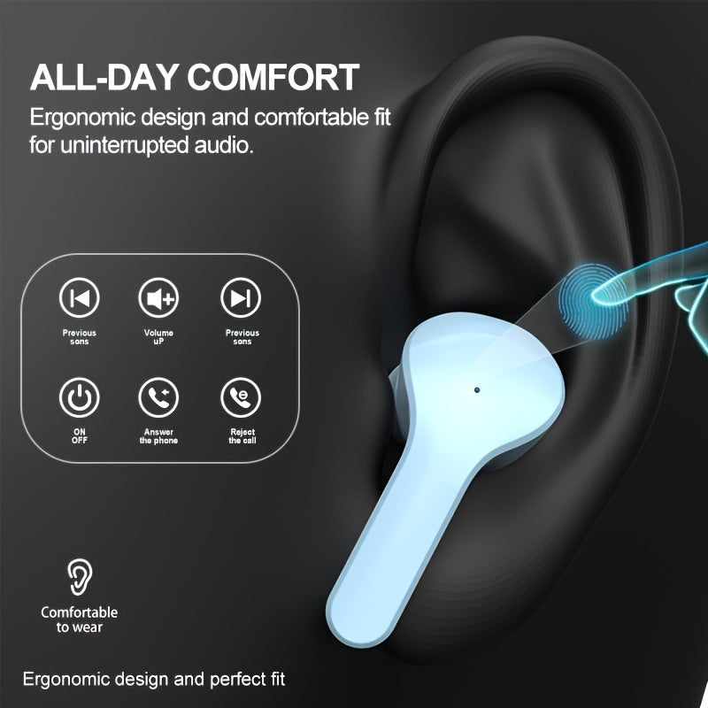 Wireless TWS earbuds with touch control, noise-canceling voice calls, and high-fidelity stereo sound. Comes with Type-C charging case and is suitable for exercise, running, gaming, and