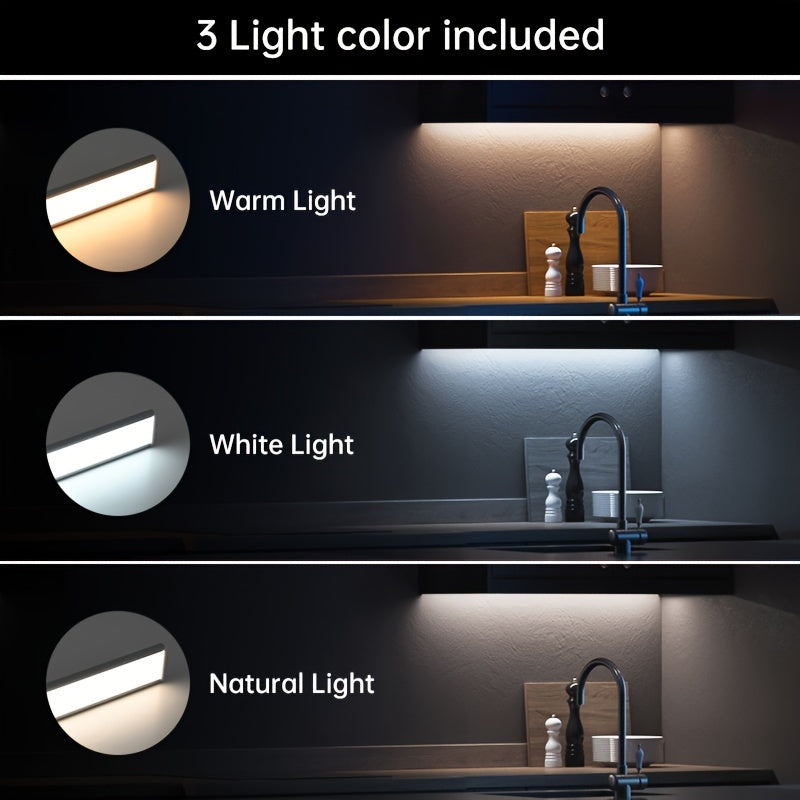 One rechargeable sensor light strip with adjustable brightness and three colors available.