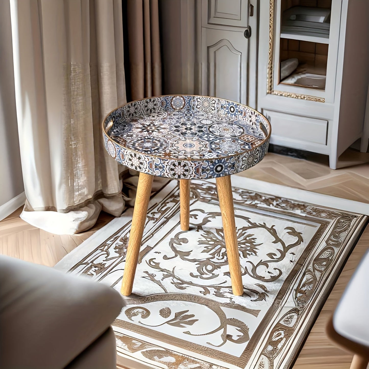 Bohemian Style Coffee Table with Wooden Legs is ideal for adding a touch of boho chic to any room in your home, whether it be the living room, bedroom, kitchen, or bathroom. Made from a combination of plastic and wood materials, this versatile piece of