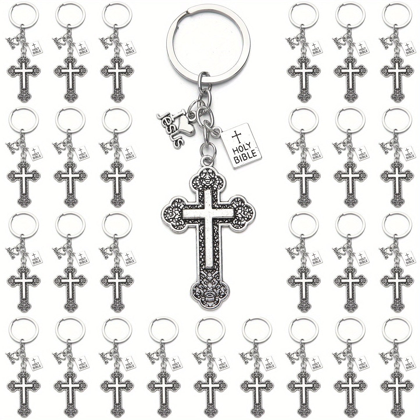 20 pieces of cross key chains with holy book pendants attached, perfect for holding your car keys. These key rings make great religious favors for Christians and Easter prayer gifts.