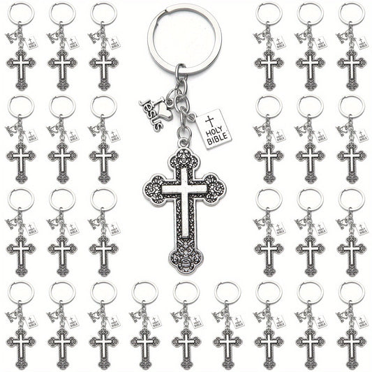 20 pieces of cross key chains with holy book pendants attached, perfect for holding your car keys. These key rings make great religious favors for Christians and Easter prayer gifts.