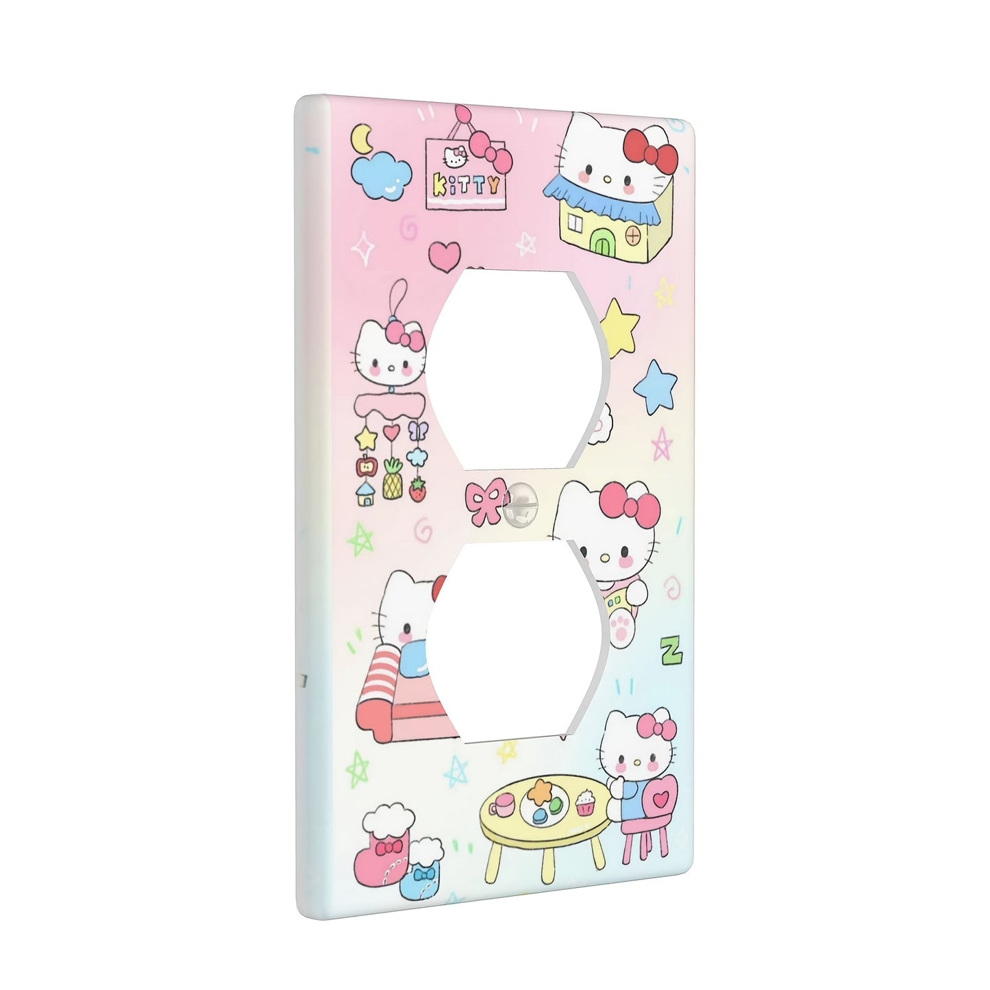 Hello Kitty cartoon dual socket cover, easy to install without wiring, heat-resistant and fade-proof. Decorative wall plate with smooth edges for home improvement. Includes painted screw.