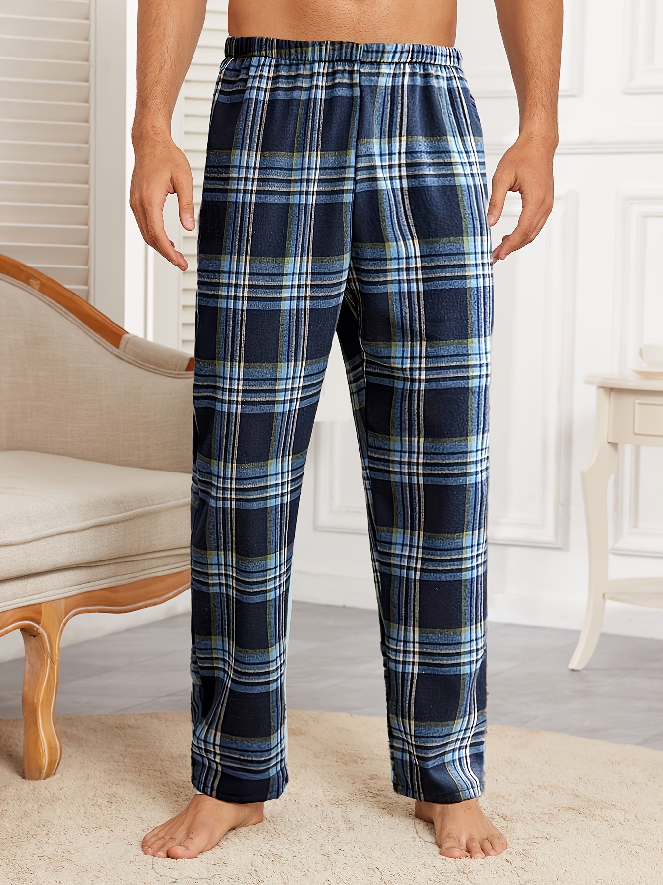 Men's Cozy Plaid Lounge Pants for Fall/Winter - Polyester Blend, Elastic Waistband, Machine Washable, Blue and White Checkered Design, Sleepwear|Casual|Comfortable