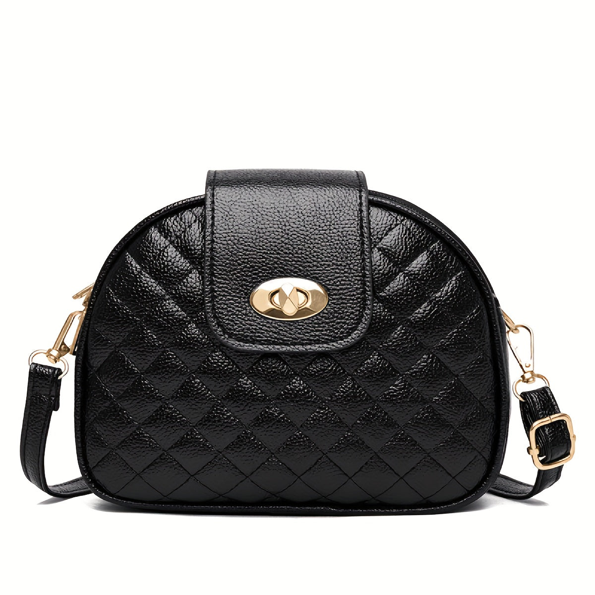 Women's faux leather crossbody bag with argyle quilted design, turn-lock closure, triple compartments, polyester lining, and adjustable strap for any occasion.