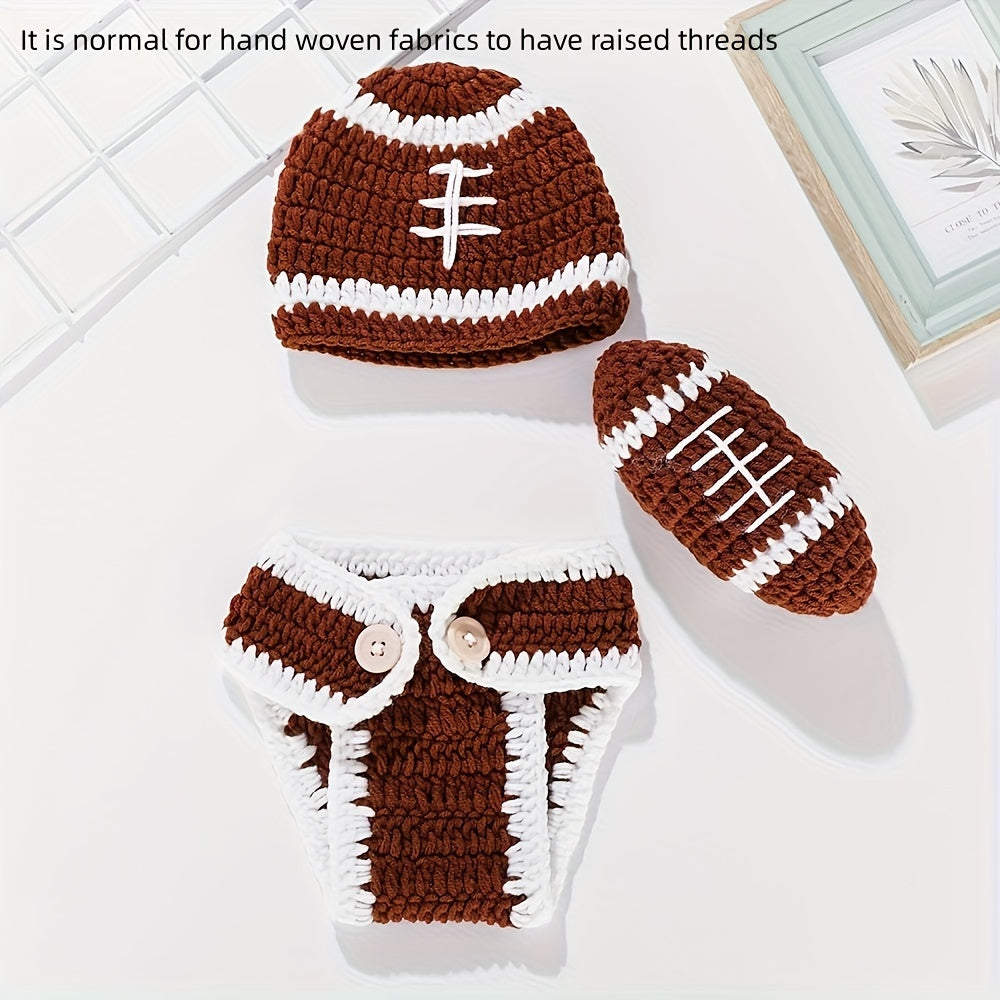 Crochet Football Photo Prop Outfit Set for Newborns - 3-Piece Knitted Costume perfect for 0-3 Years, made of Polyester for a memorable keepsake.