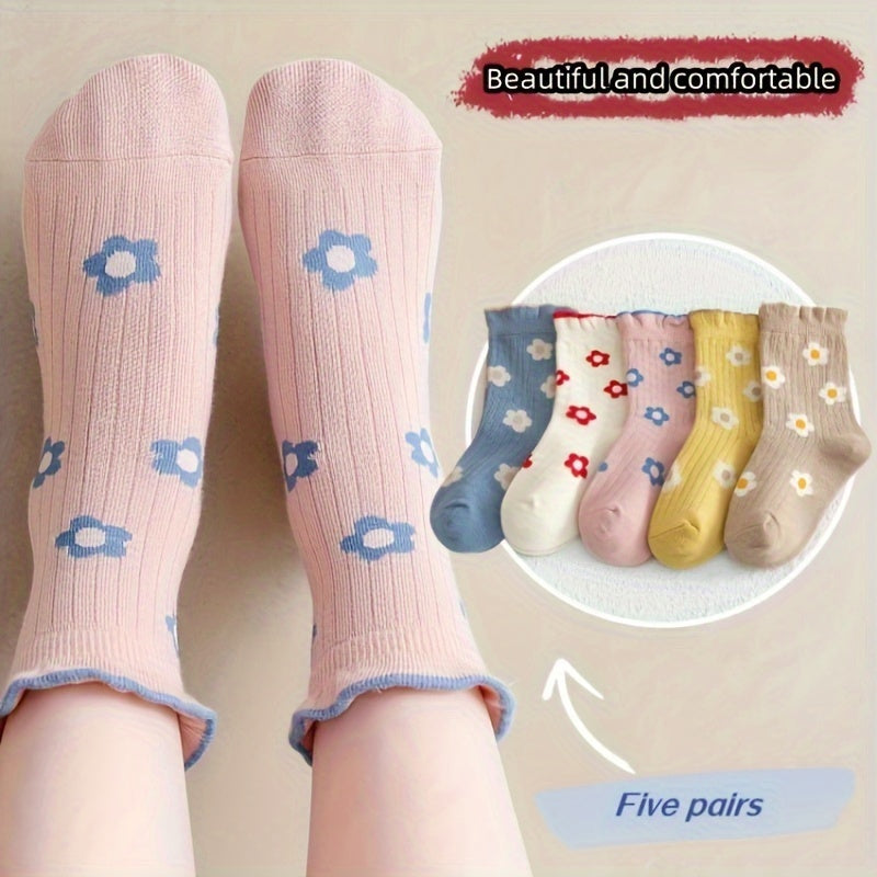 5 children's crew socks with breathable, soft fabric and stylish floral design, ideal for spring and summer.