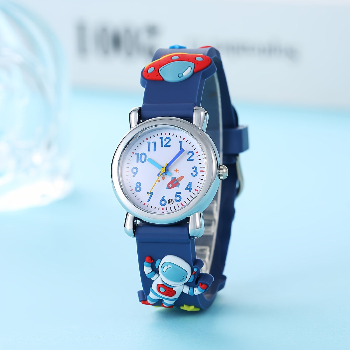 Children's Astronaut and UFO Quartz Watch - Silicone band, not waterproof, blue.