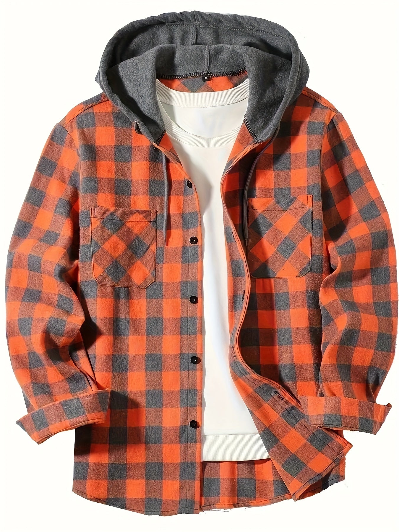 Stylish men's plaid hooded shirt with long sleeves - perfect for casual wear.