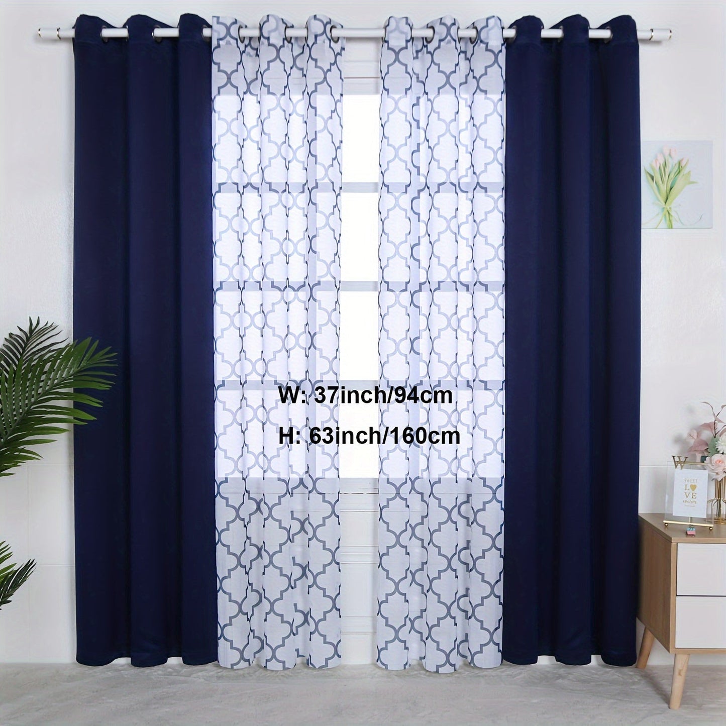 Blackout Curtains and Sheer Panels with Snowflake Pattern, Including Rods, Indoor Set of 4, Weighing 200 Grams in Total.