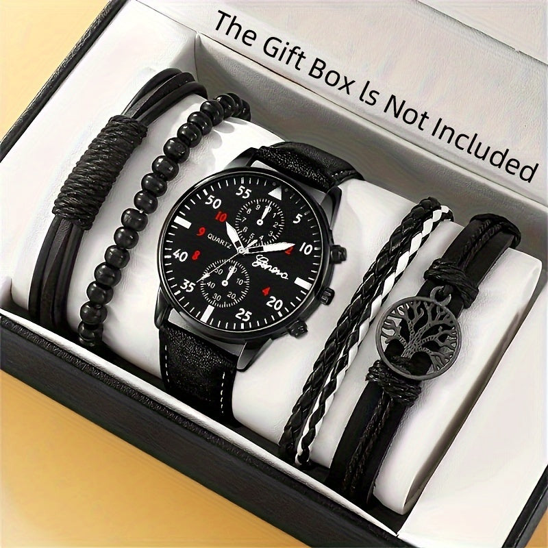 Set of 5 Fashion Men's Casual Black Leather Watches with Life Tree Design and Rope Strap